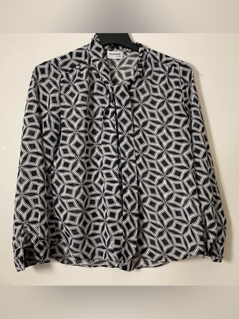 Black & White Geometric Tie-Neck Blouse